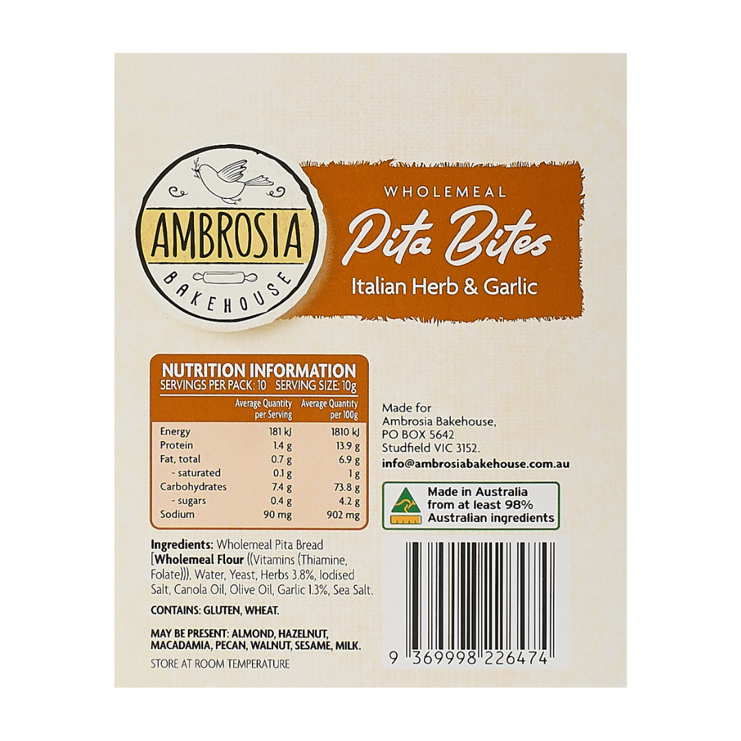 Ambrosia Bakehouse – Pita Bites Italian Herb & Garlic 100g x 10