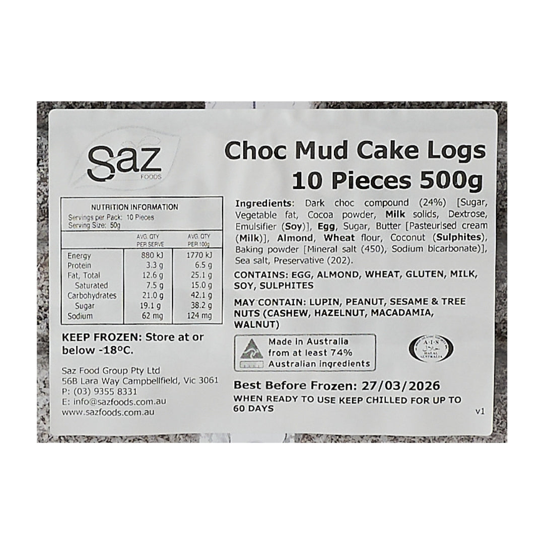SAZ Foods – Choc Mud Cake Logs 500g (10 pc)