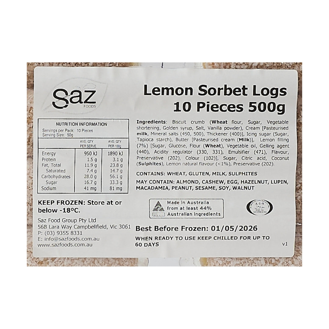 SAZ Foods – Lemon Sorbet Logs 500g (10 pc)